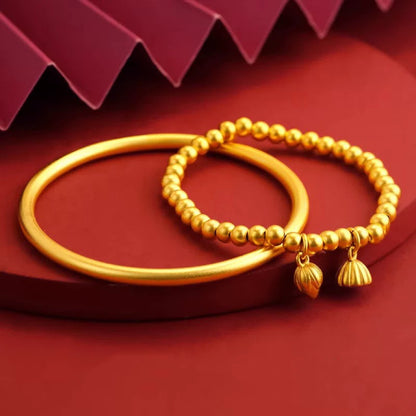 【Last Day ALERT!! Best Price of the YEAR: Best Price of the YEAR】-- Two Lives in Joy Ancient Gold Bracelet Women's Round Beads Gold-plated Lotus Design Fortune-transferring Gold Beads Rerhy