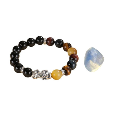 Pixiu Bracelet Ward Off Negativity and Attract Good Luck Bracelet Obsidian Tiger Eye Stone Silver Bracelet Set My Store