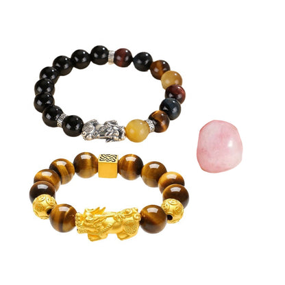 Pixiu Bracelet Ward Off Negativity and Attract Good Luck Bracelet Obsidian Tiger Eye Stone Silver Bracelet Set My Store