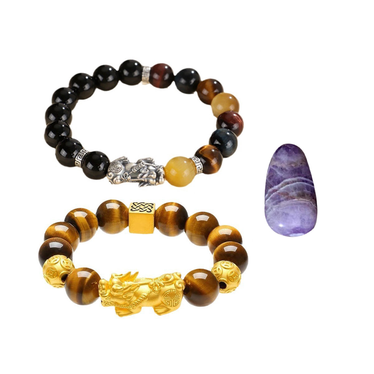 Pixiu Bracelet Ward Off Negativity and Attract Good Luck Bracelet Obsidian Tiger Eye Stone Silver Bracelet Set My Store