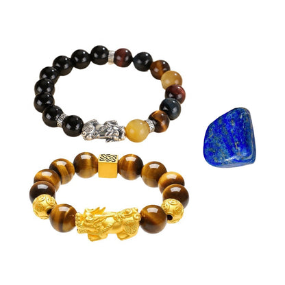 Pixiu Bracelet Ward Off Negativity and Attract Good Luck Bracelet Obsidian Tiger Eye Stone Silver Bracelet Set My Store