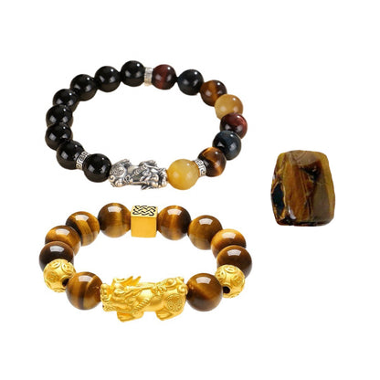 Pixiu Bracelet Ward Off Negativity and Attract Good Luck Bracelet Obsidian Tiger Eye Stone Silver Bracelet Set My Store