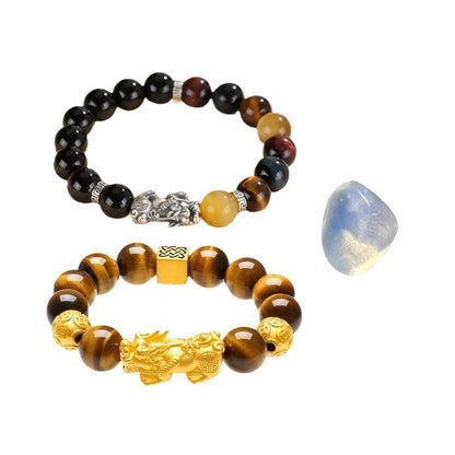 Pixiu Bracelet Ward Off Negativity and Attract Good Luck Bracelet Obsidian Tiger Eye Stone Silver Bracelet Set My Store