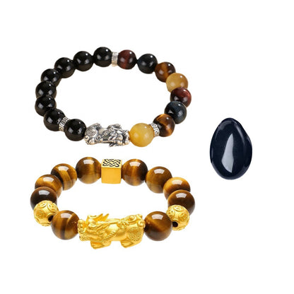 Pixiu Bracelet Ward Off Negativity and Attract Good Luck Bracelet Obsidian Tiger Eye Stone Silver Bracelet Set My Store