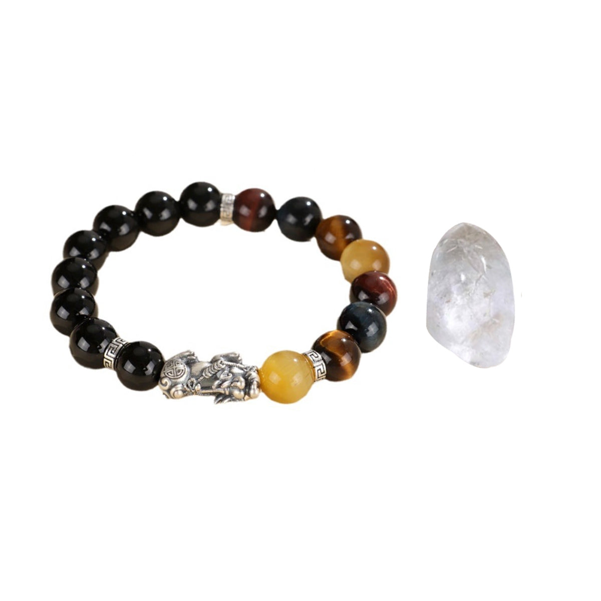 Pixiu Bracelet Ward Off Negativity and Attract Good Luck Bracelet Obsidian Tiger Eye Stone Silver Bracelet Set My Store