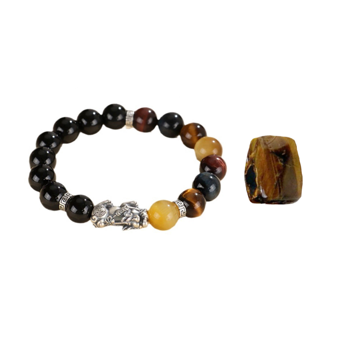 Pixiu Bracelet Ward Off Negativity and Attract Good Luck Bracelet Obsidian Tiger Eye Stone Silver Bracelet Set My Store