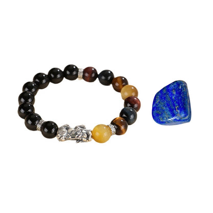 Pixiu Bracelet Ward Off Negativity and Attract Good Luck Bracelet Obsidian Tiger Eye Stone Silver Bracelet Set My Store