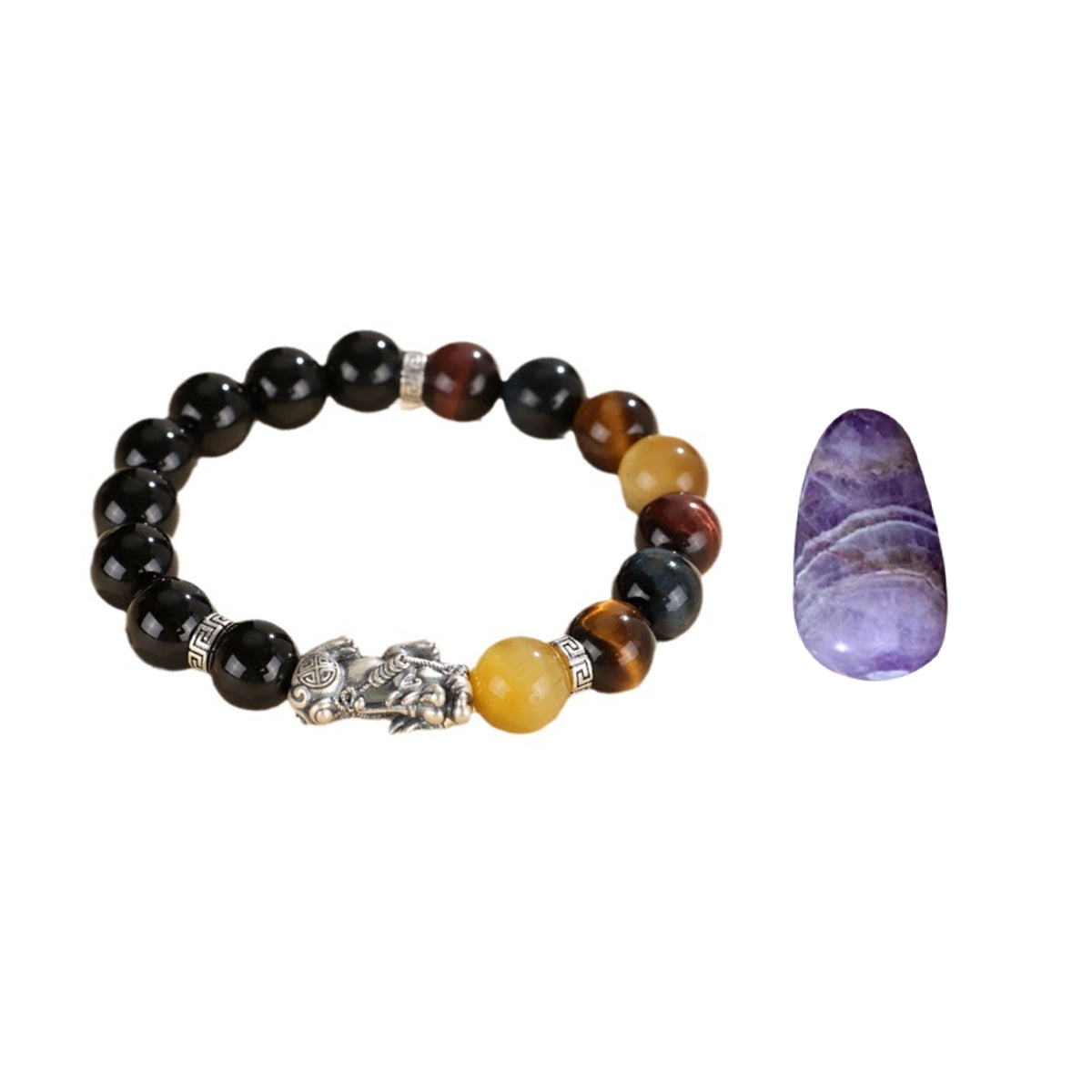 Pixiu Bracelet Ward Off Negativity and Attract Good Luck Bracelet Obsidian Tiger Eye Stone Silver Bracelet Set My Store