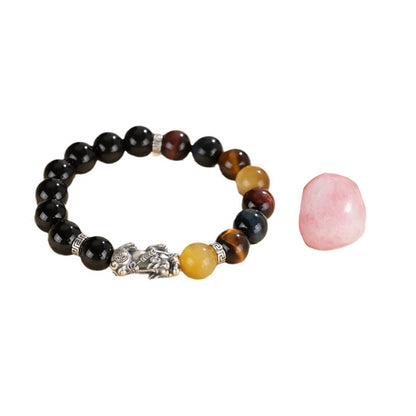 Pixiu Bracelet Ward Off Negativity and Attract Good Luck Bracelet Obsidian Tiger Eye Stone Silver Bracelet Set My Store