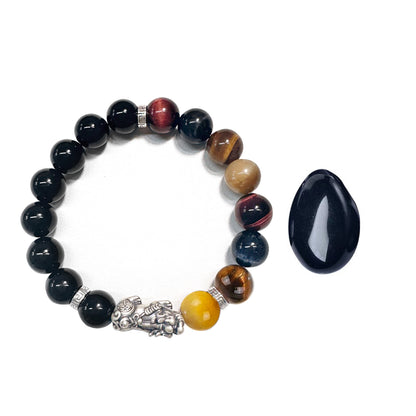 Pixiu Bracelet Ward Off Negativity and Attract Good Luck Bracelet Obsidian Tiger Eye Stone Silver Bracelet Set My Store