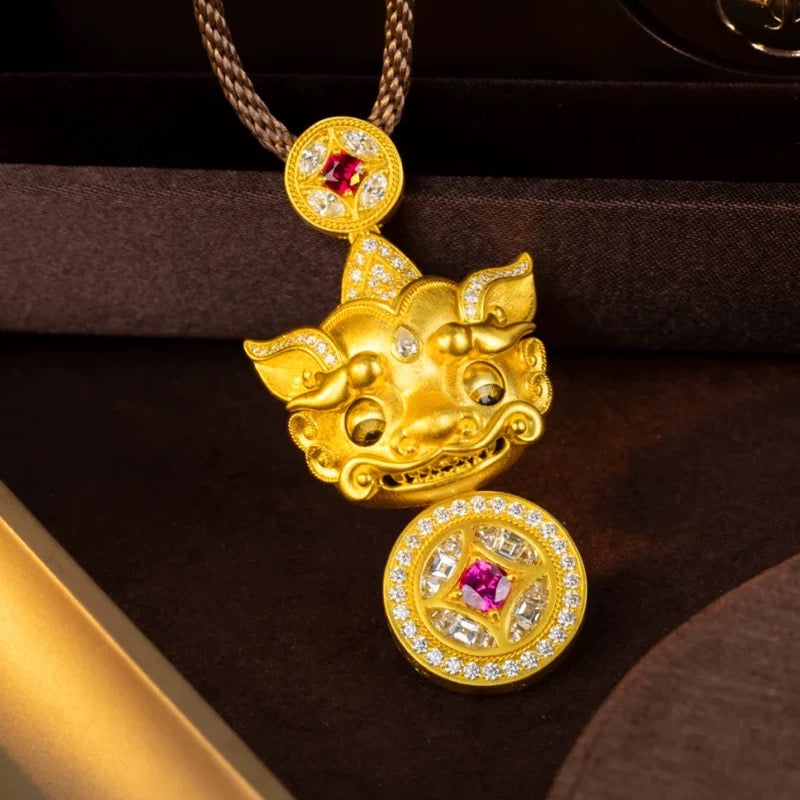 【Ultimate Wealth Enhancement Power】Feng Shui Pixiu necklace mythical beast copper coin necklace gold-plated pendant