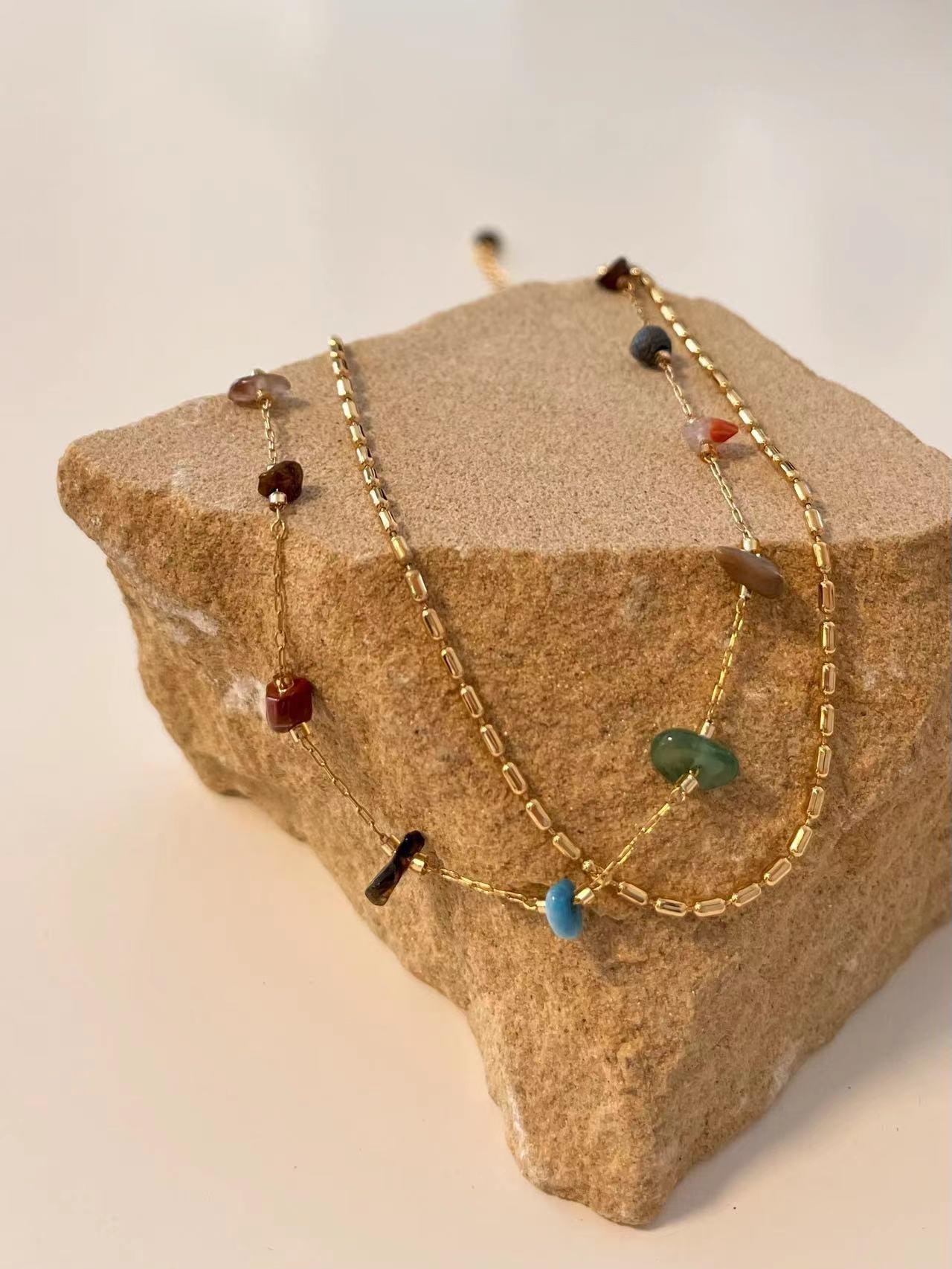 Alloy Necklace - Vintage Double Layer Necklace with Colorful Irregular Stones Rerhy