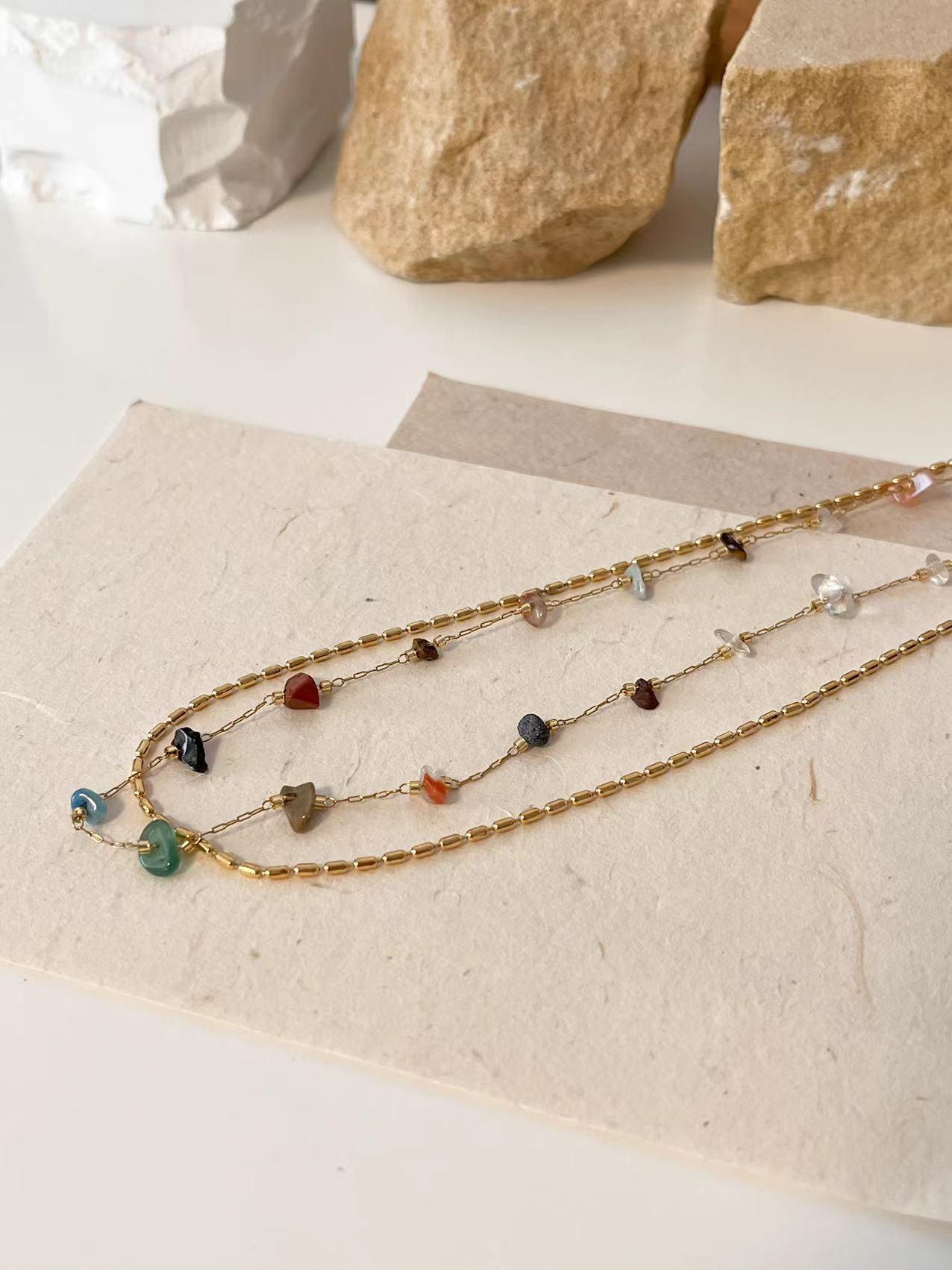 Alloy Necklace - Vintage Double Layer Necklace with Colorful Irregular Stones Rerhy